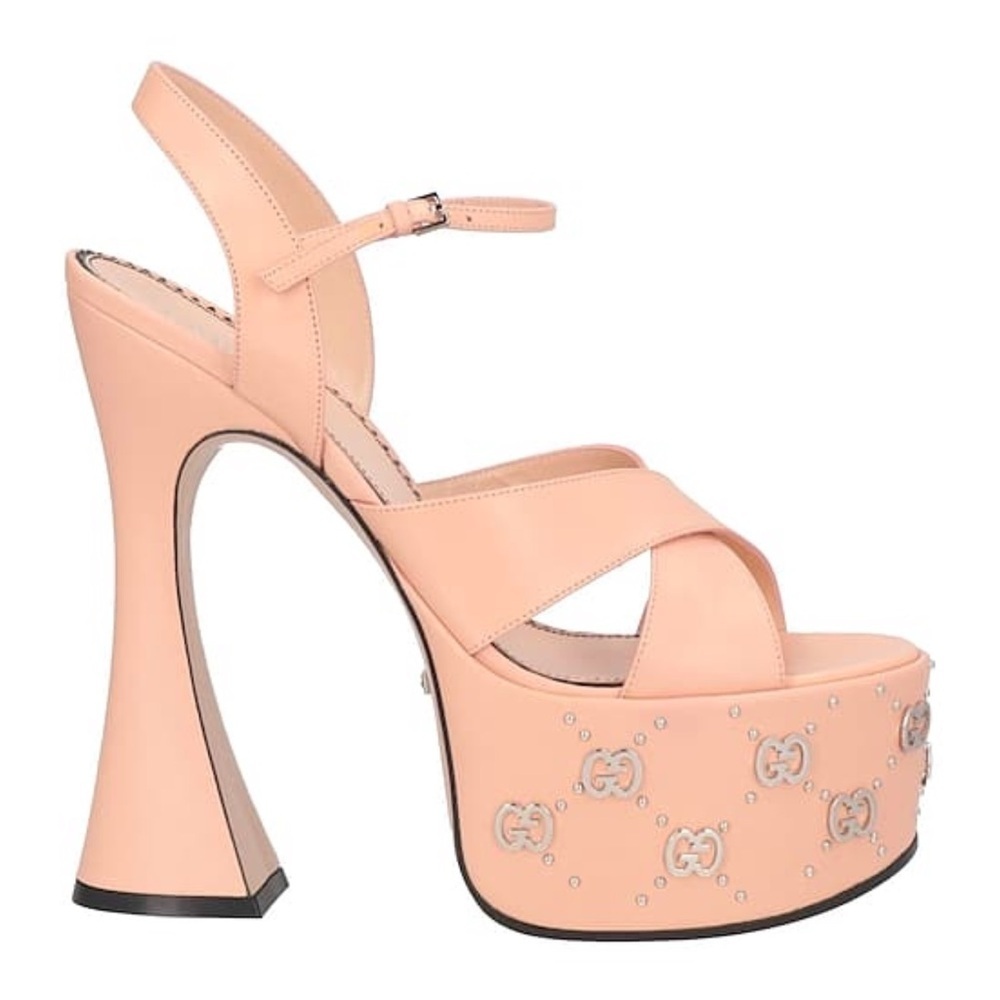 GUCCI GG Silver Malaga Platform Pink Leather Buckle Sandal Heels EU 40.5 Box NEW - Picture 3 of 10